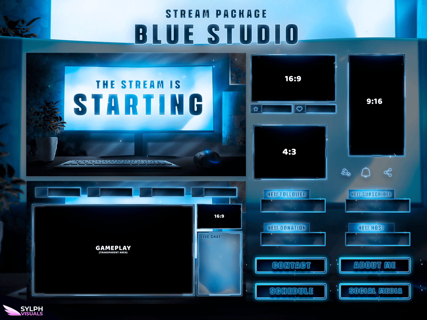 Blue Studio Package Animated Overlays for OBS