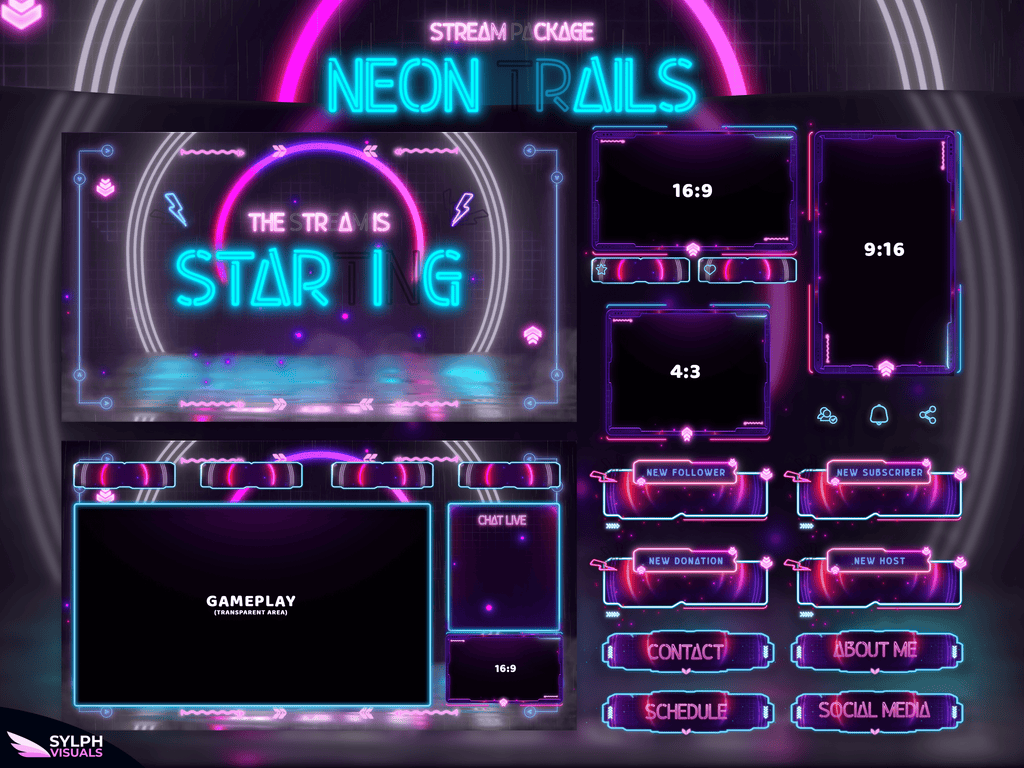 Neon Trails Stream Package Animated Overlays for OBS