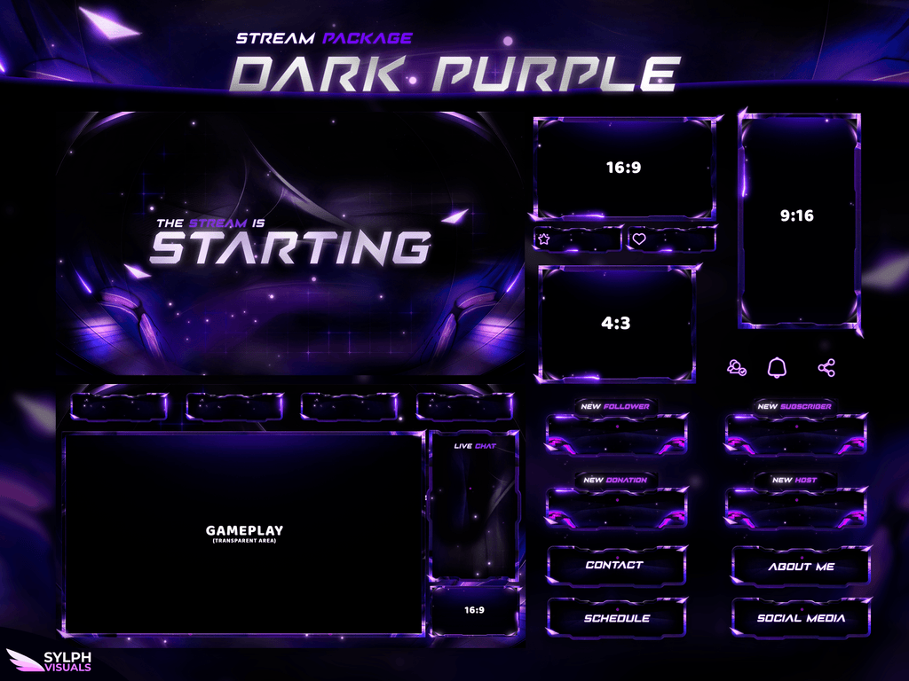 Dark Purple Package Animated Overlays for OBS