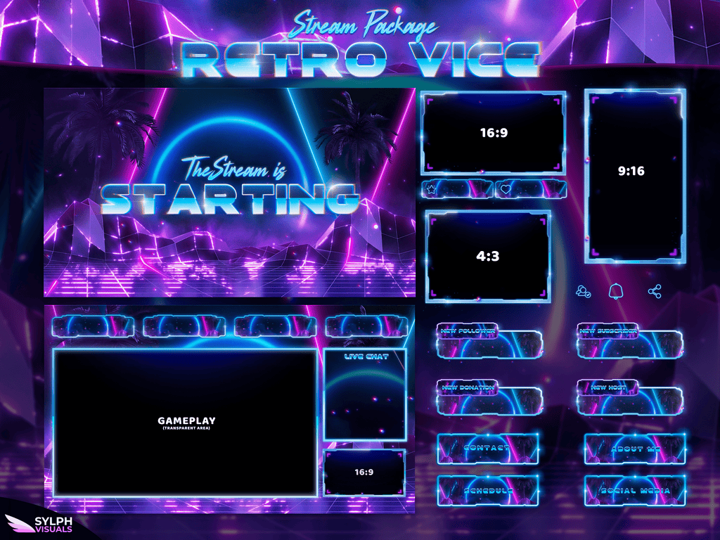 Retro Vice Package Animated Overlays for OBS