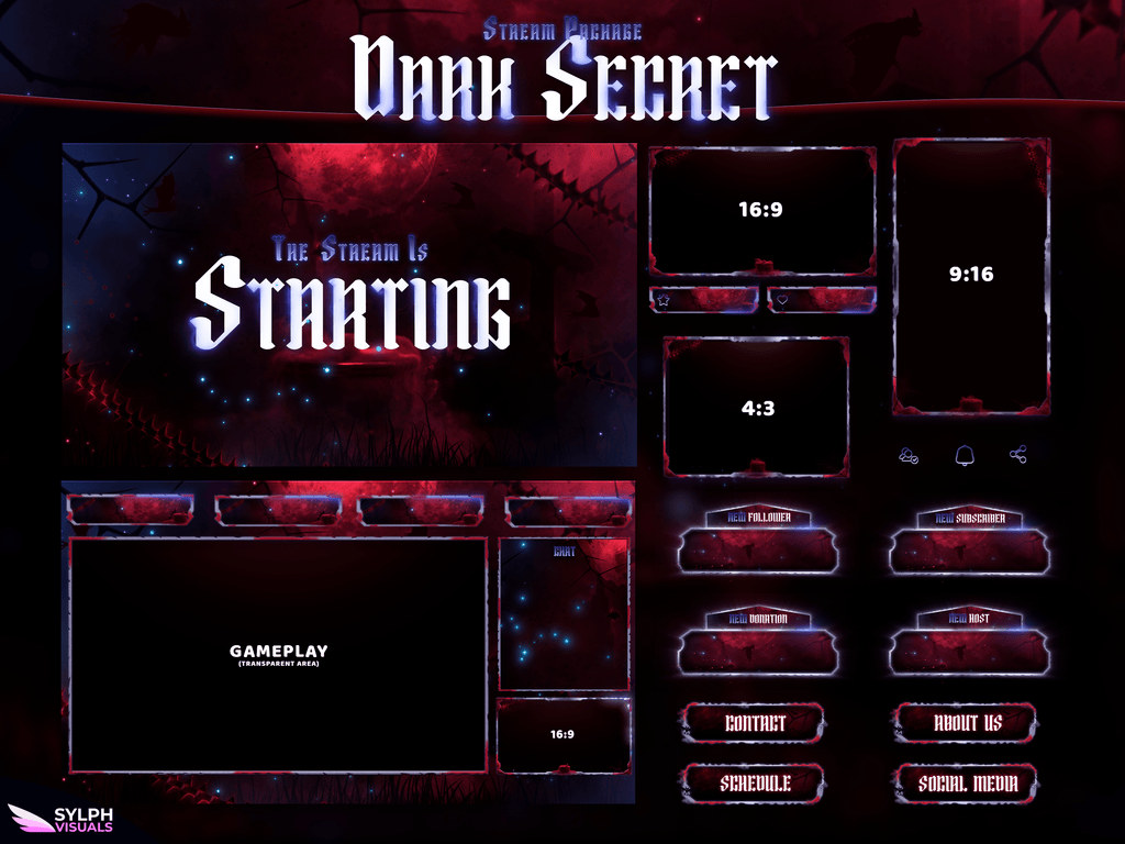 Dark Secret Stream Package Animated Overlays for OBS