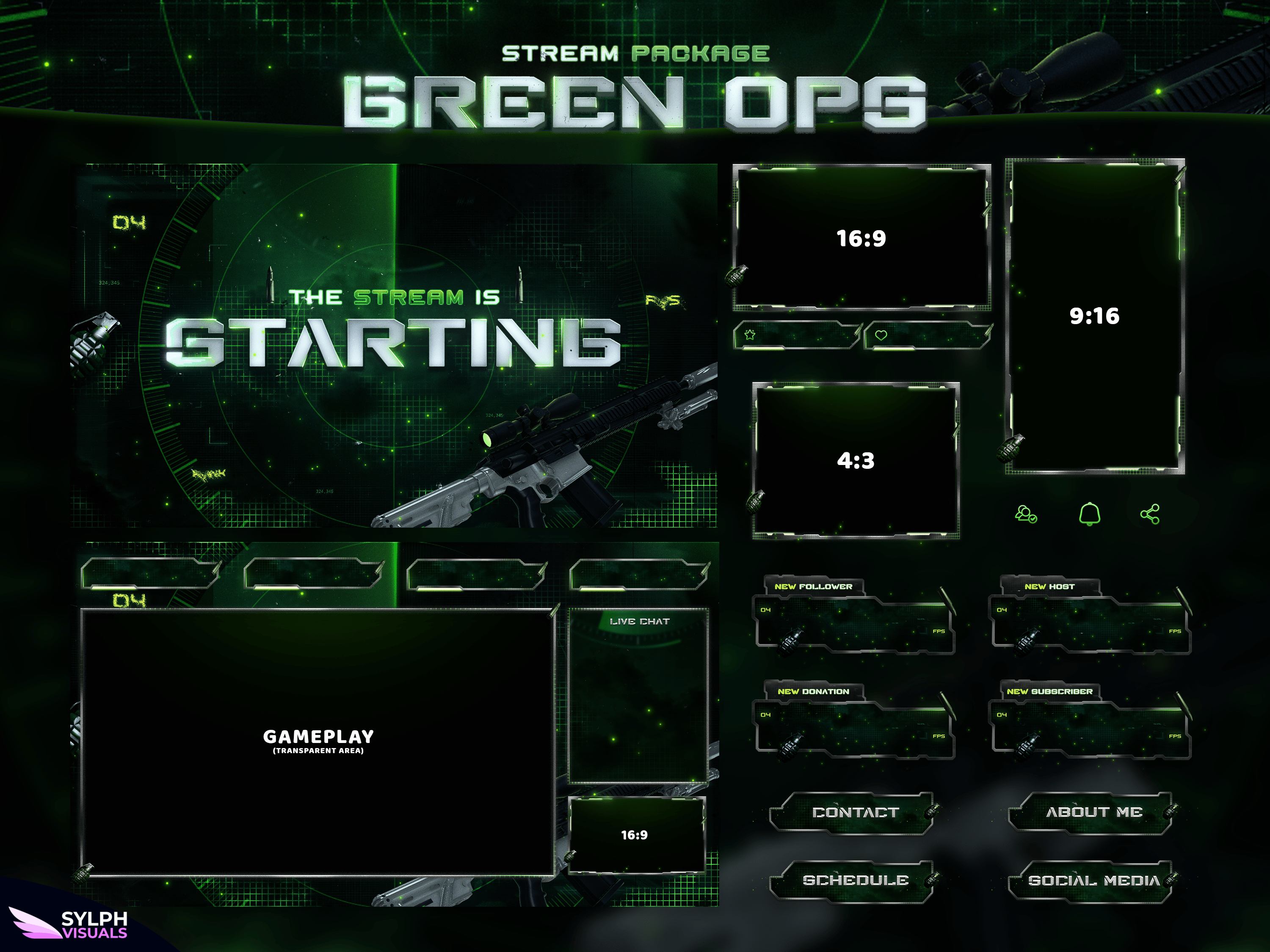 Ops Streaming Green Ops Stream Overlay Package - SylphVisuals