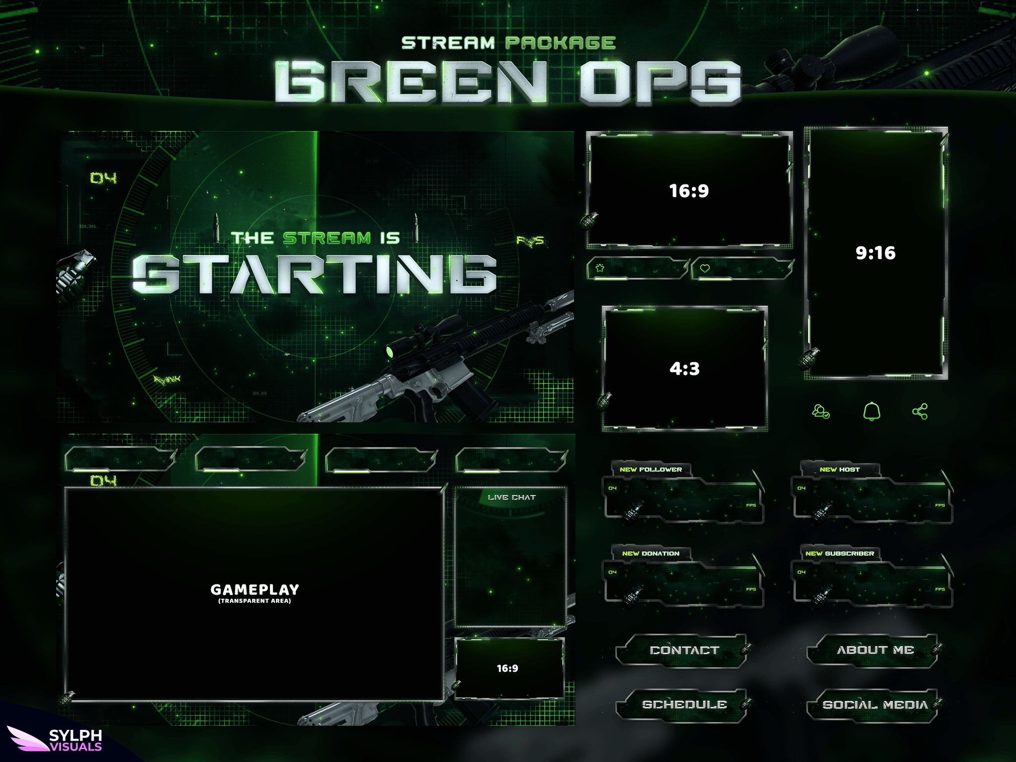 Green Ops Stream Package Animated Overlays for OBS