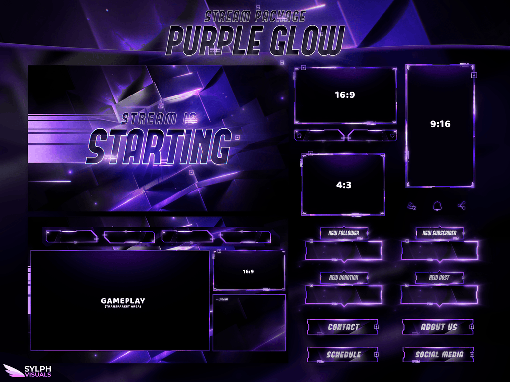 Purple Glow Stream Package Animated Overlays for OBS