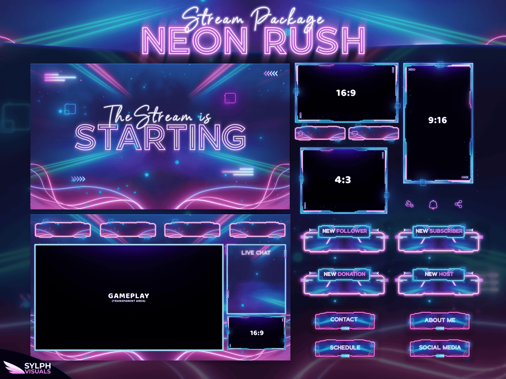 Neon Rush Package Animated Overlays for OBS