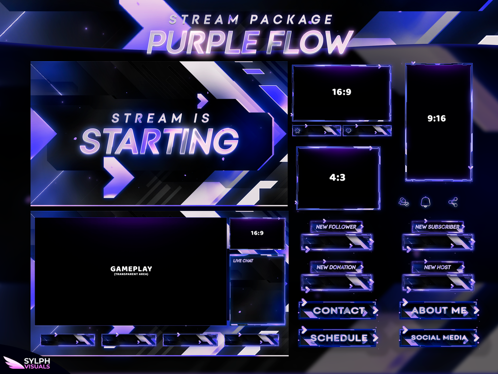 Purple Flow Package Animated Overlays for OBS