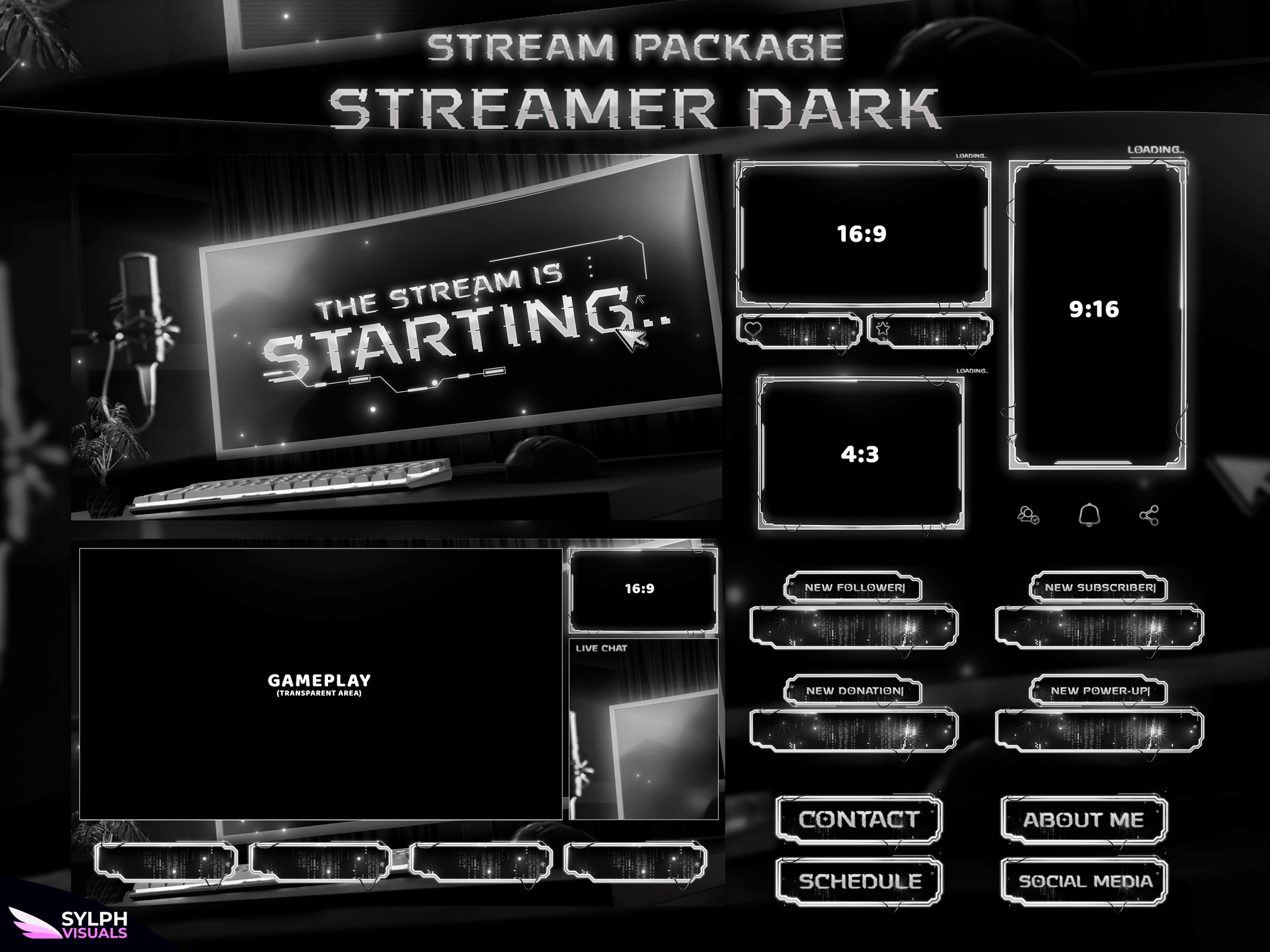 Streamer Dark Package Animated Overlays for OBS
