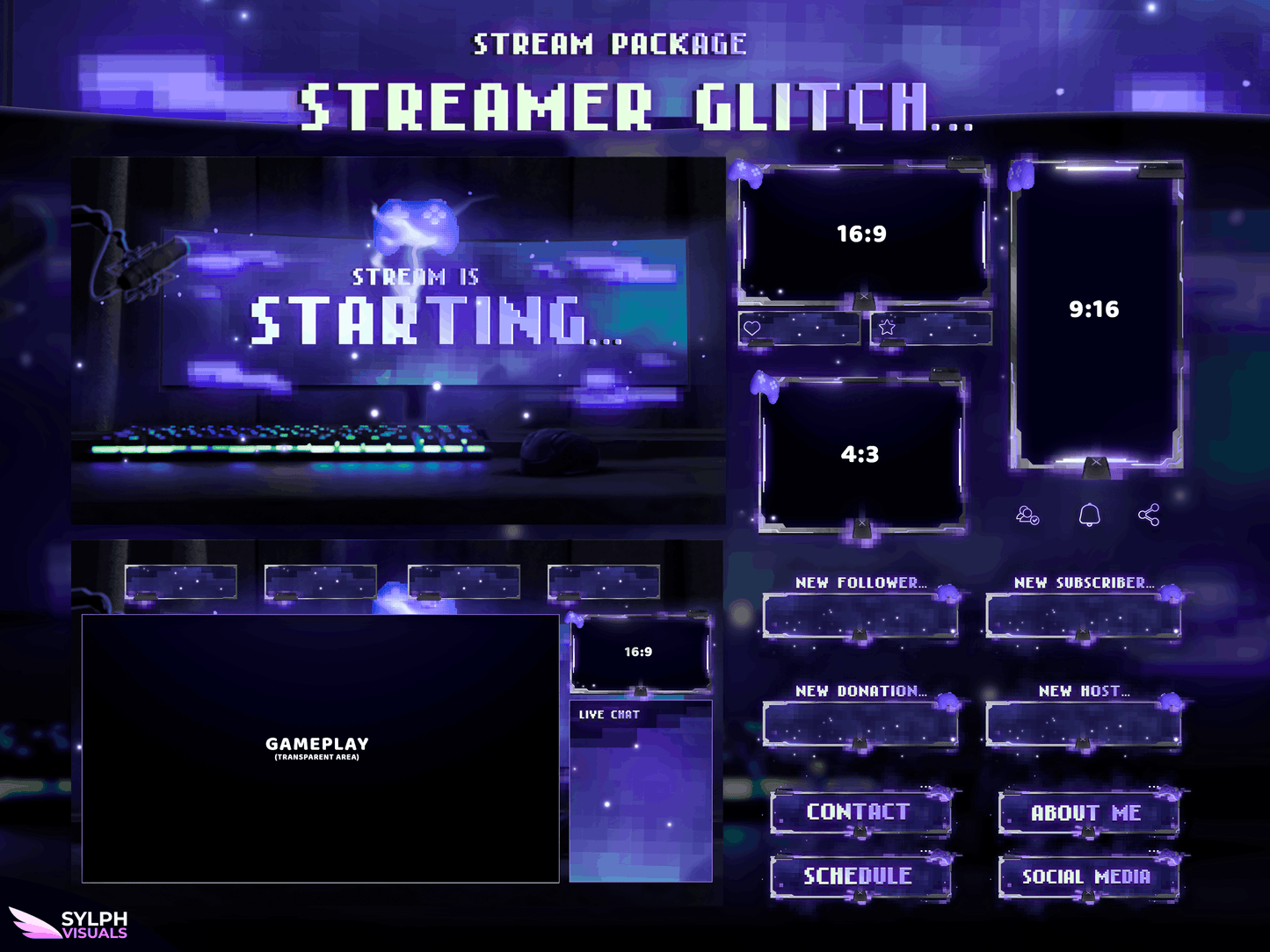 Streamer Glitch Package Animated Overlays for OBS