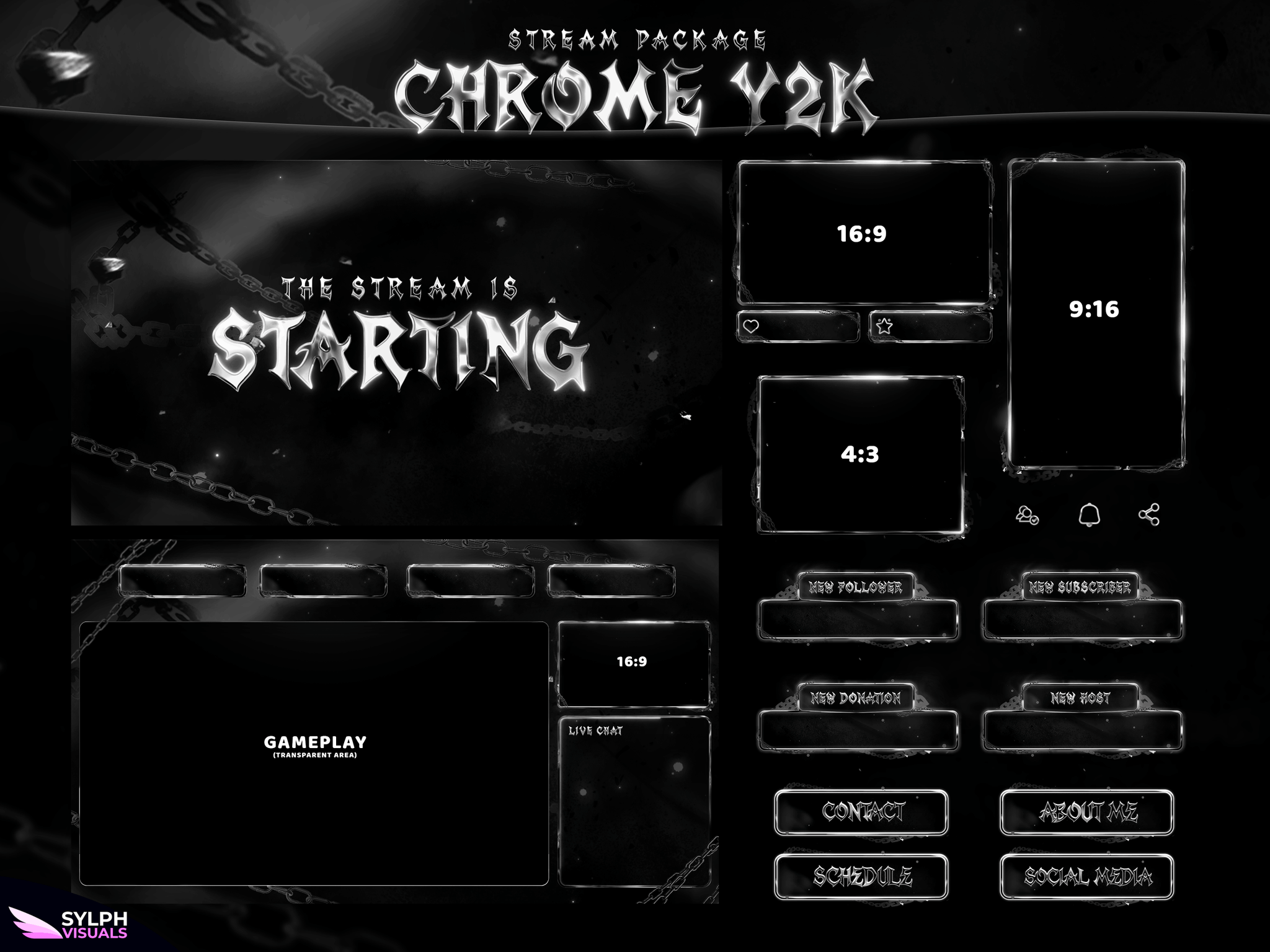 Chrome Y2K Package Animated Overlays for OBS