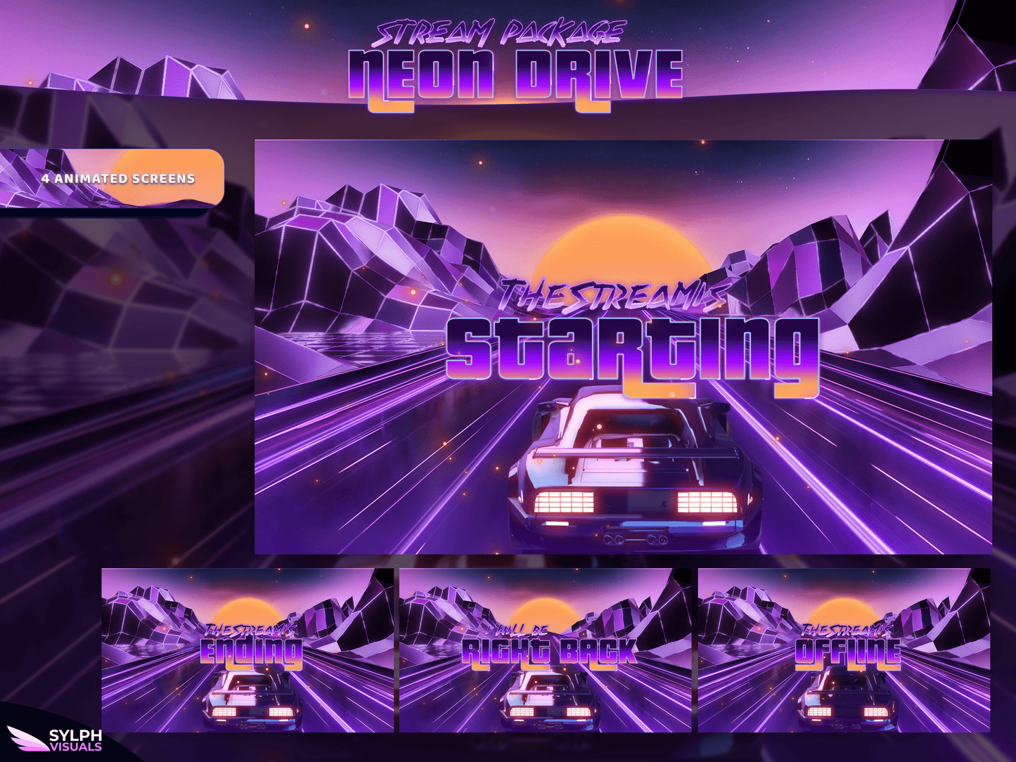 Neon Drive Animated Twitch Screens