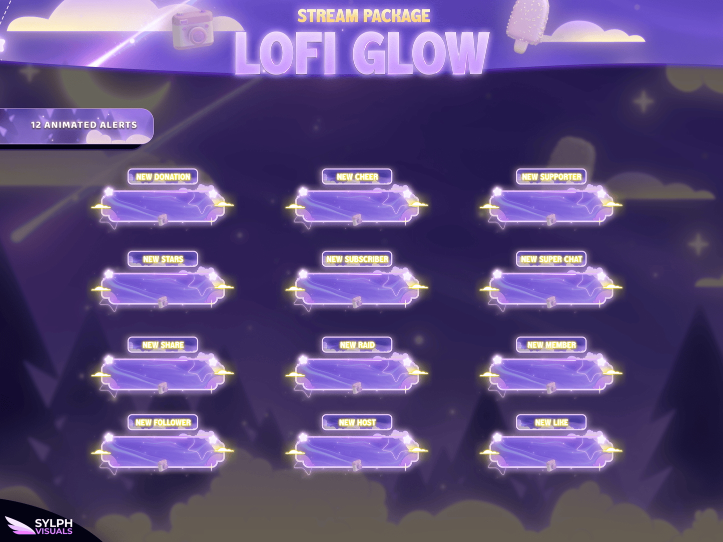 Lofi Glow Animated Alerts for Twitch, Facebook, Youtube, Kick and Trovo