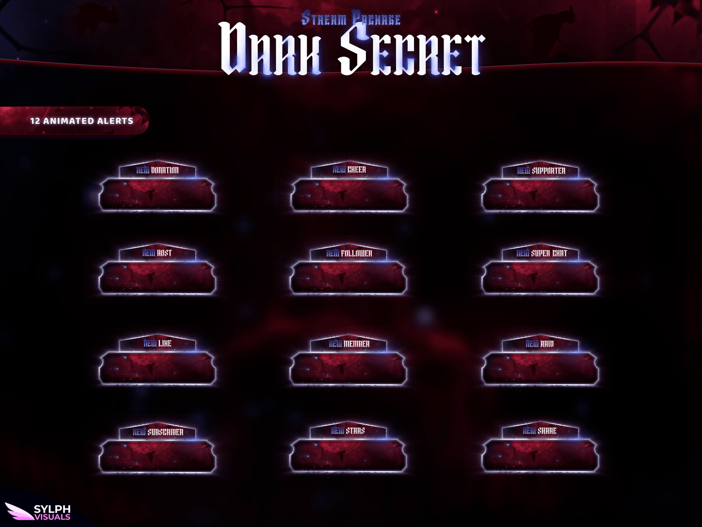 Dark Secret Animated Alerts for Twitch, Facebook, Youtube, Kick and Trovo