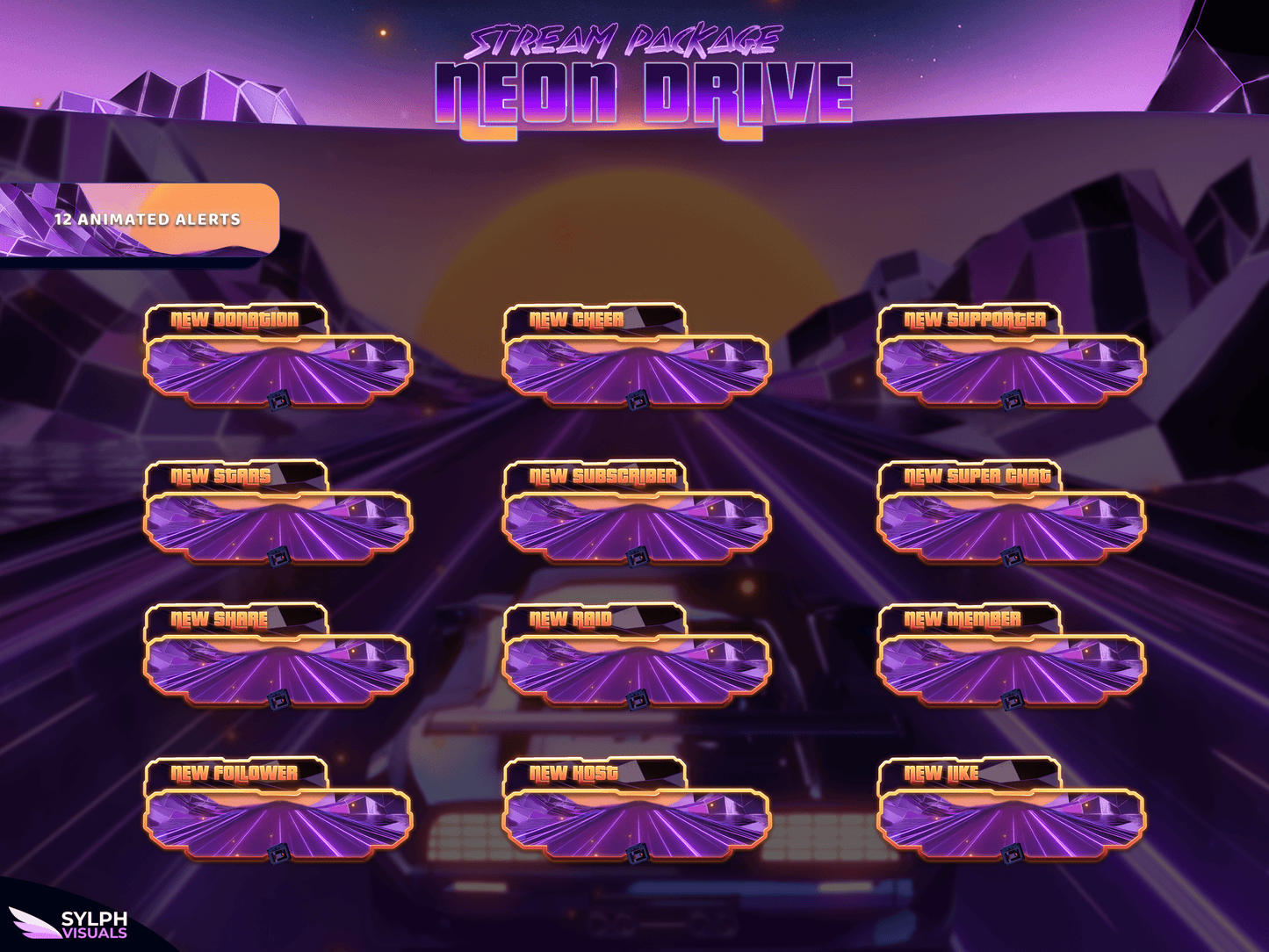 Neon Drive Animated Alerts for Twitch, Facebook, Youtube, Kick and Trovo