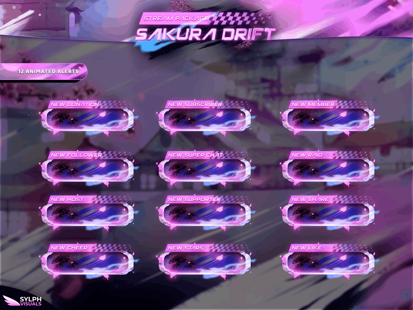 Sakura Drift Animated Alerts for Twitch, Facebook, Youtube, Kick and Trovo