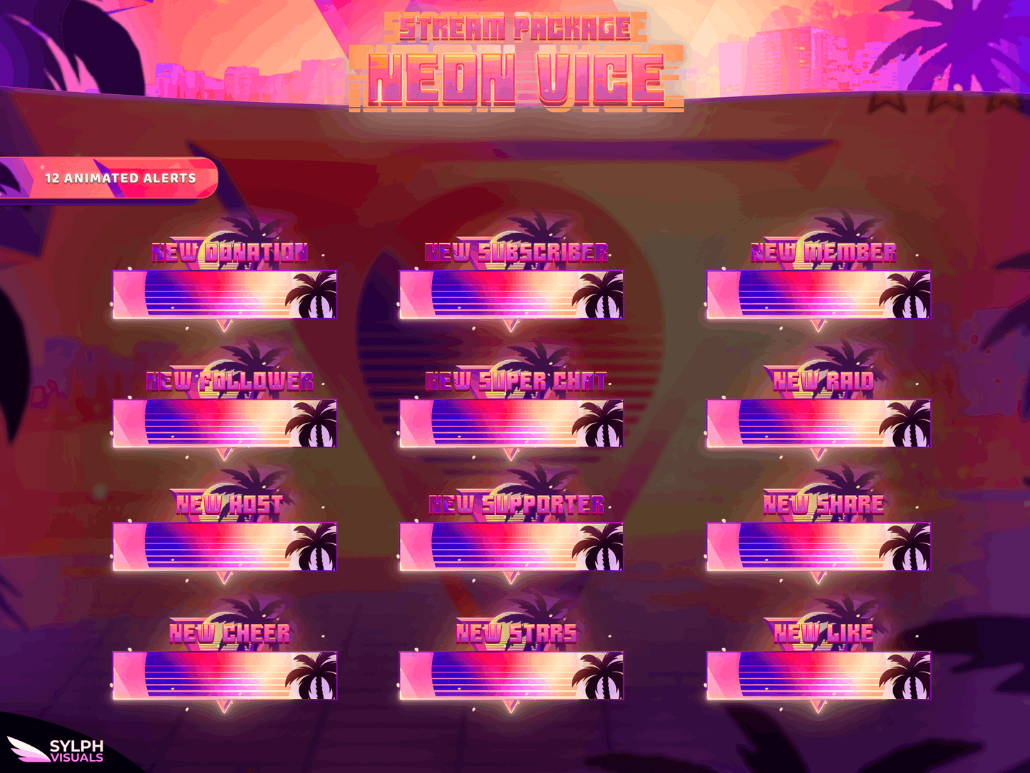 Neon Vice Animated Alerts for Twitch, Facebook, Youtube, Kick and Trovo