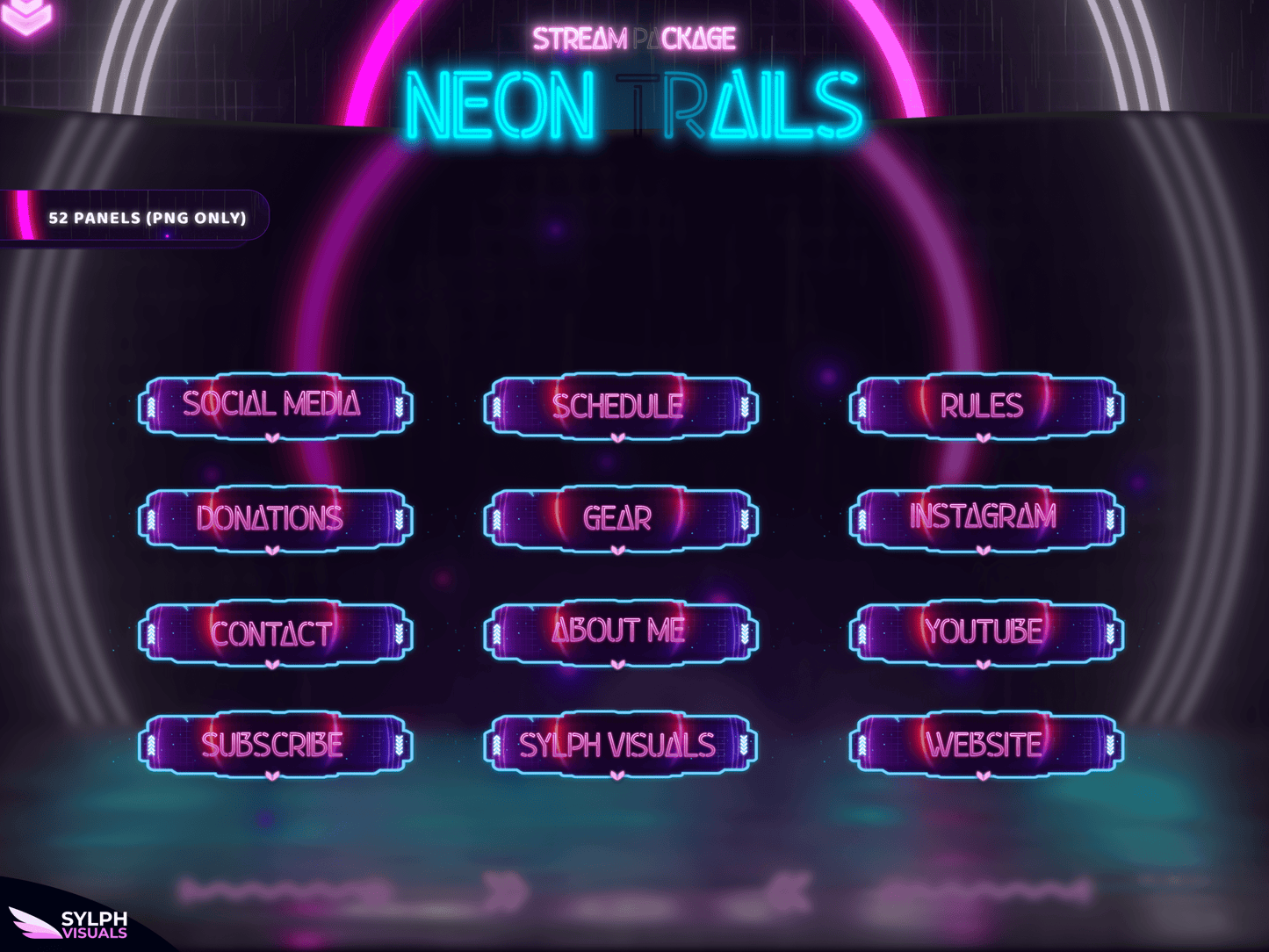 Neon Trails Panels and icons for Twitch and Kick