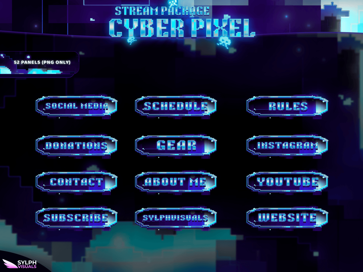 Cyber Pixel Panels and icons for Twitch and Kick