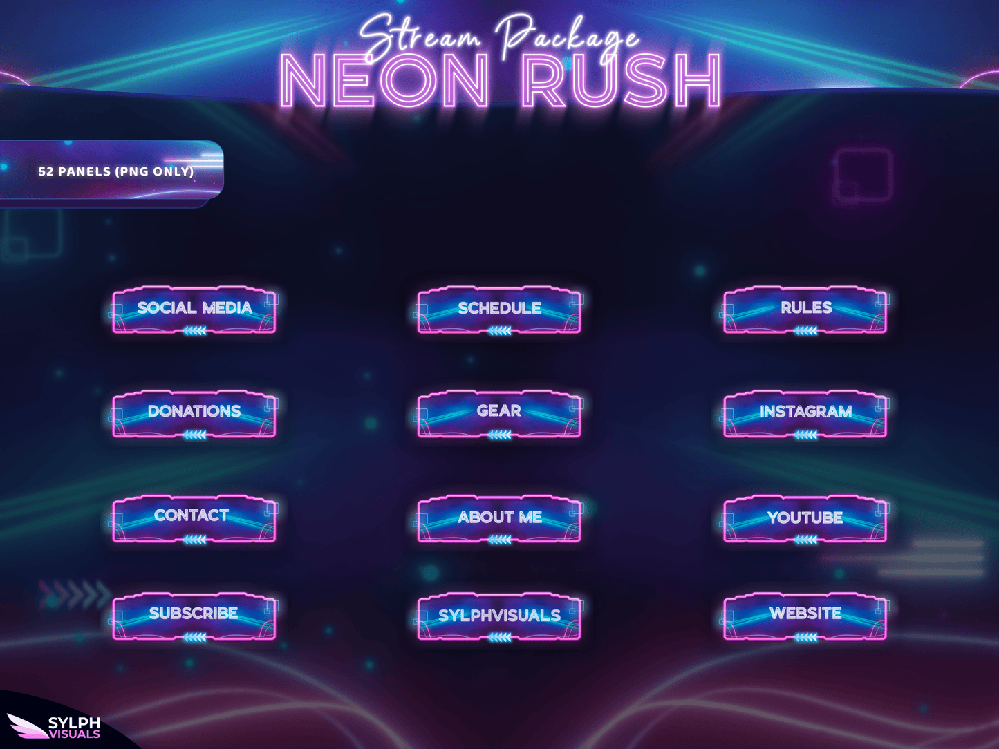 Neon Rush Panels and icons for Twitch and Kick
