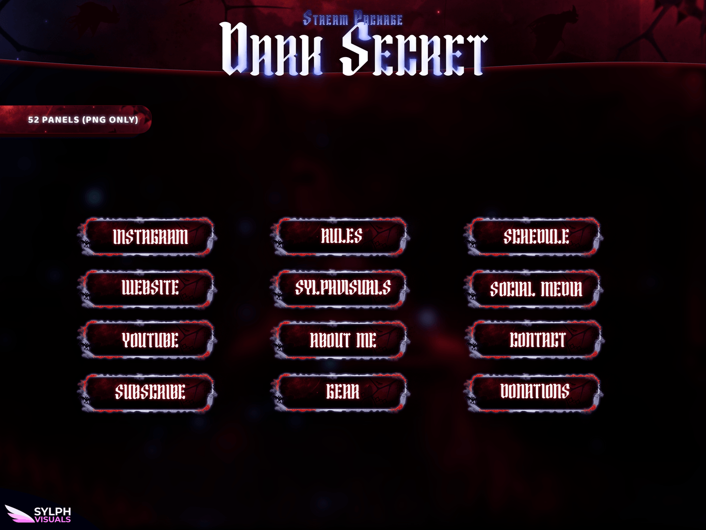 Dark Secret Panels and icons for Twitch and Kick