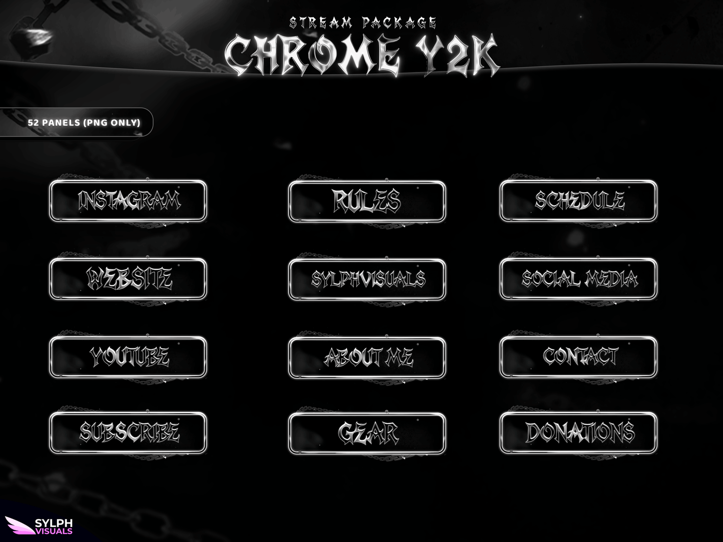 Chrome Y2K Panels and icons for Twitch and Kick