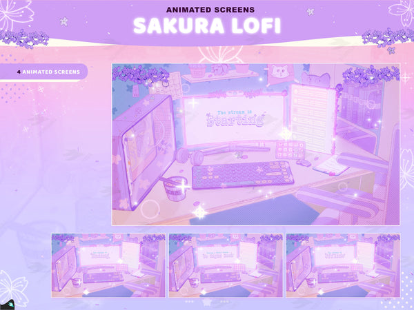 Sakura Lofi Purple four animated twitch screens